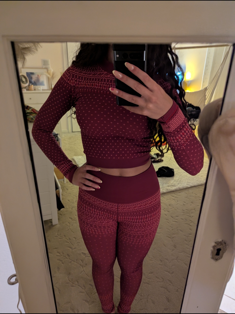 Fabletics Seamless Maroon Active Set  Long Sleeve Crop Top & High-Waist Leggings